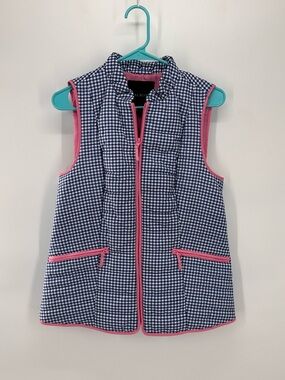 Quilted Talbots Gingham Vest Blue & White with Pink Trim Size Small